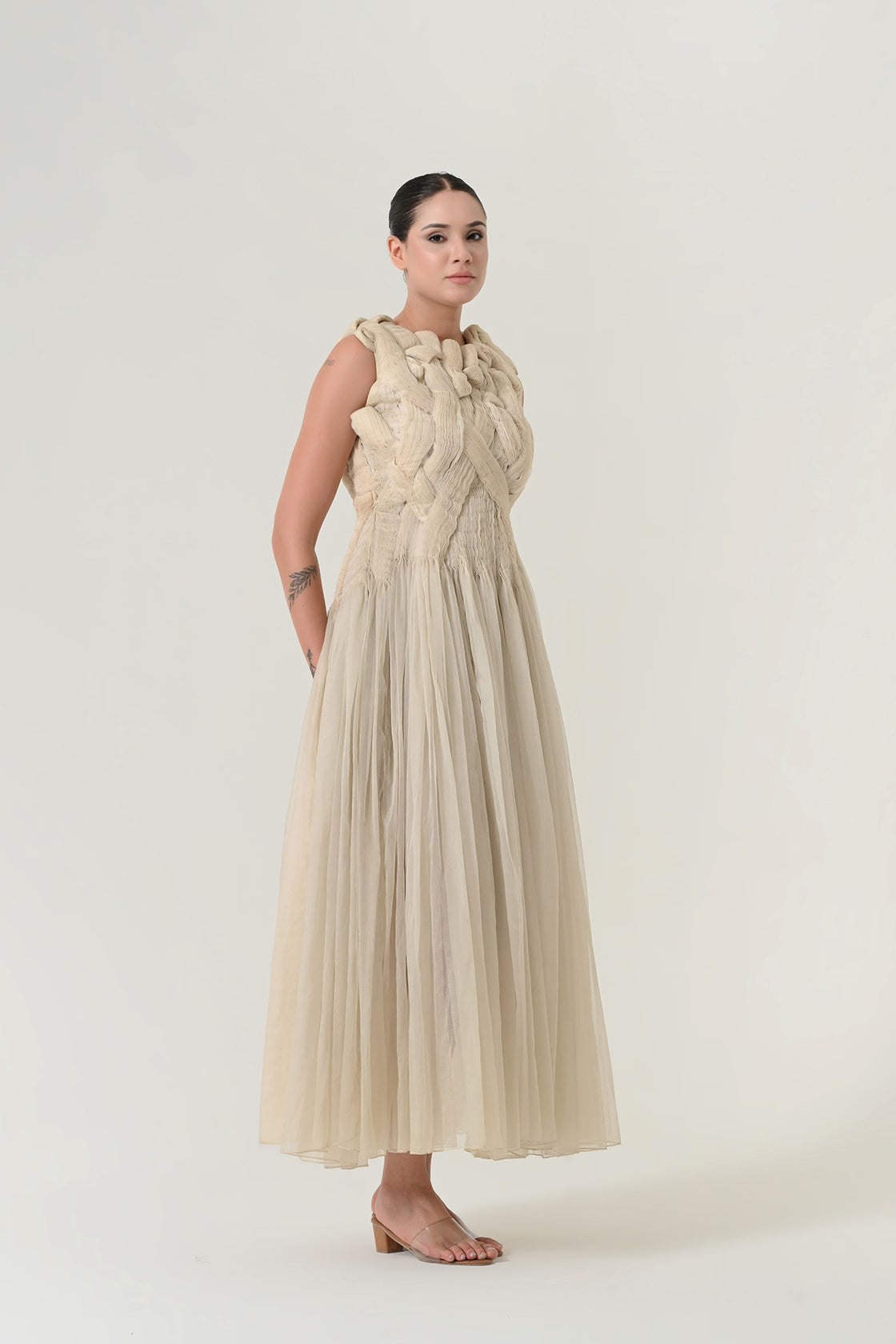 Beige Sculpted Draped Dress