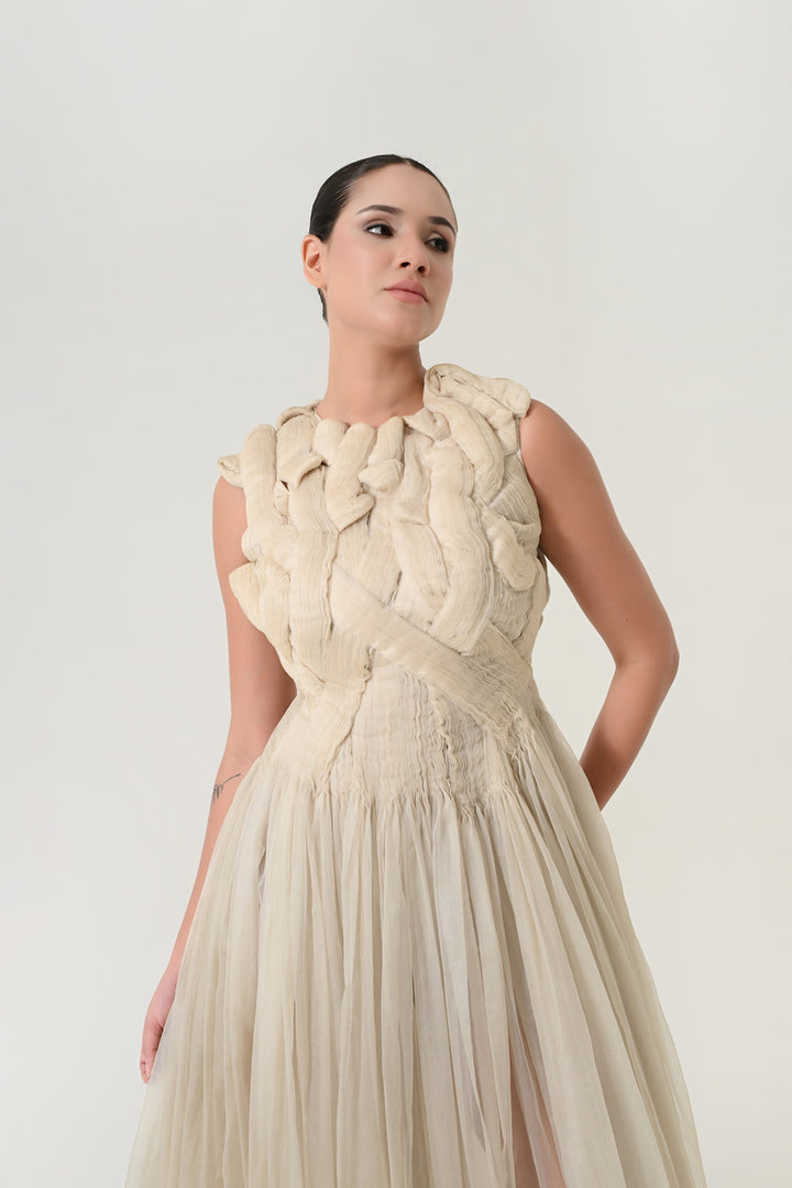Beige Sculpted Draped Dress