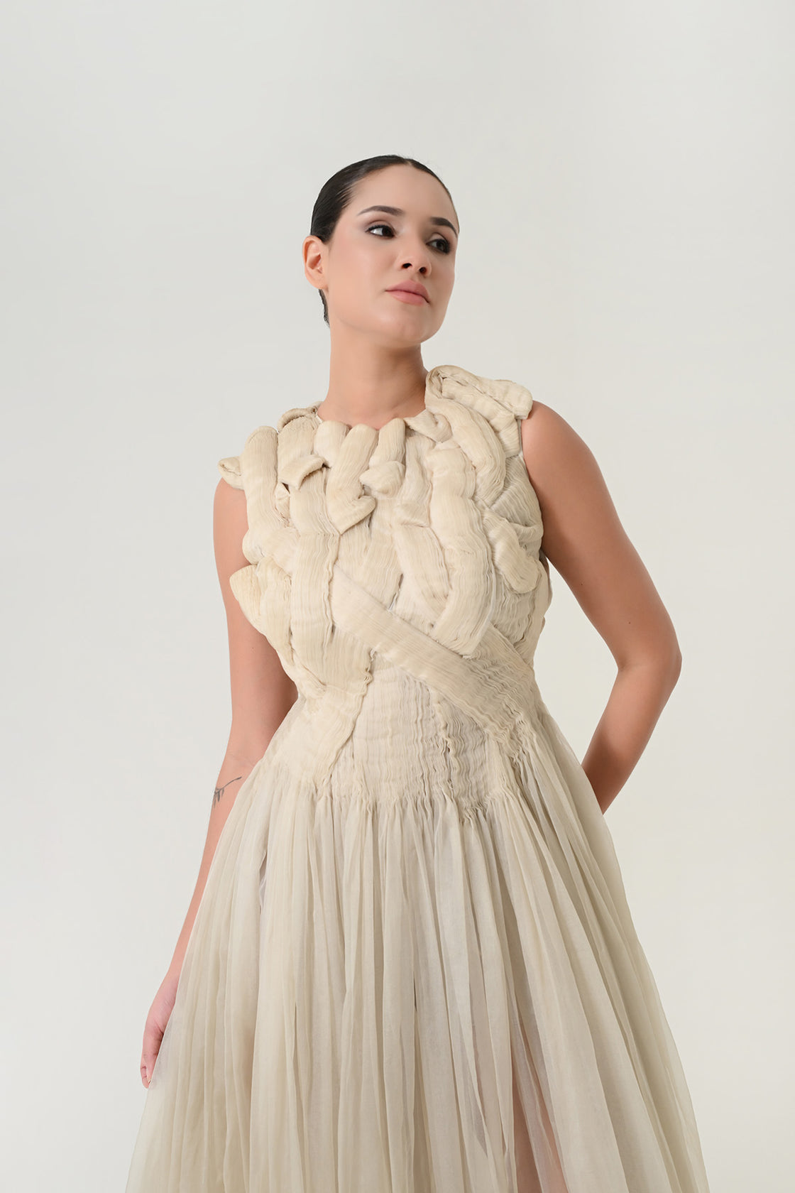 Beige Sculpted Draped Dress