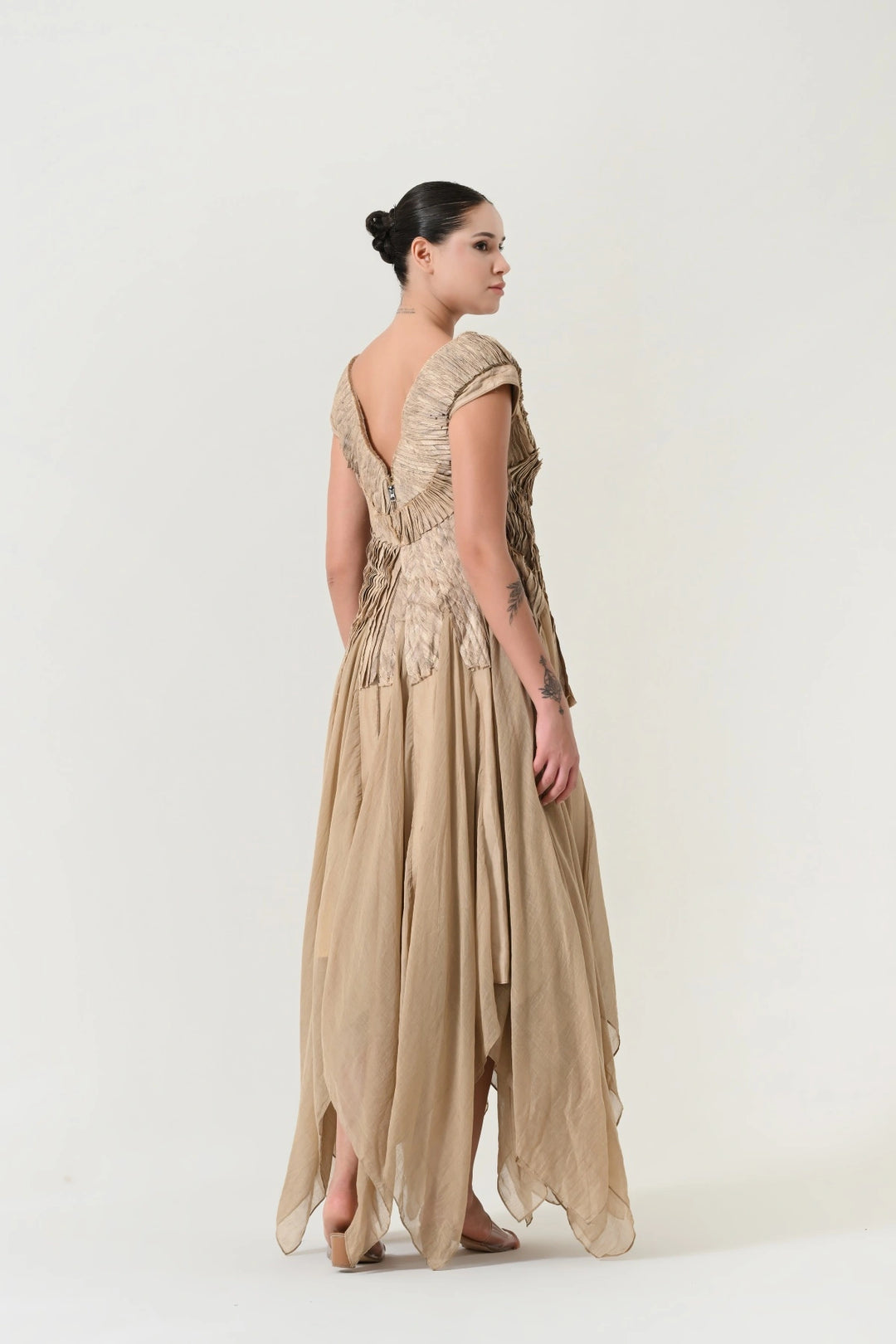 Beige Pleated Panel Dress