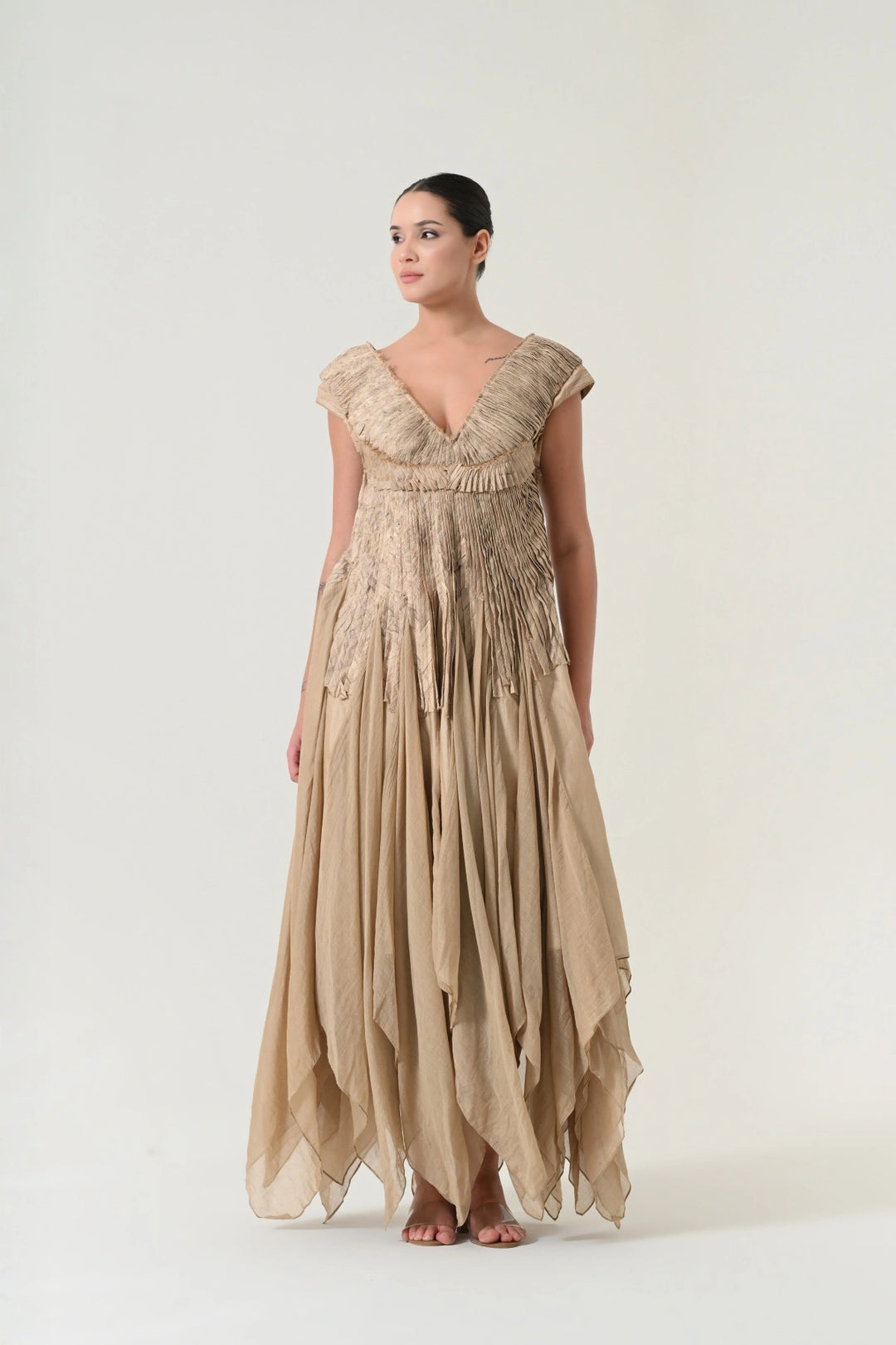 Beige Pleated Panel Dress