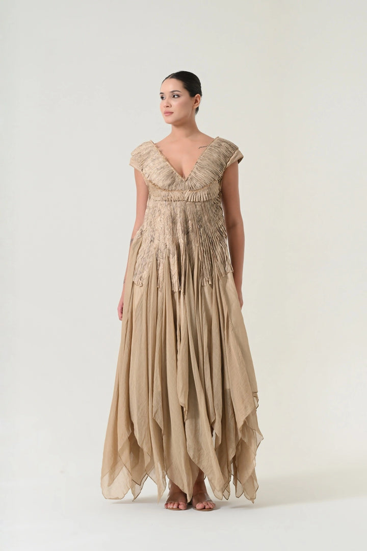Beige Pleated Panel Dress