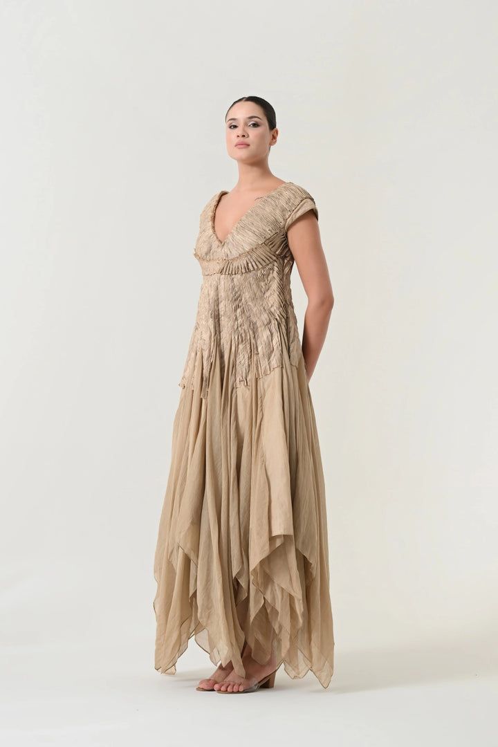 Beige Pleated Panel Dress
