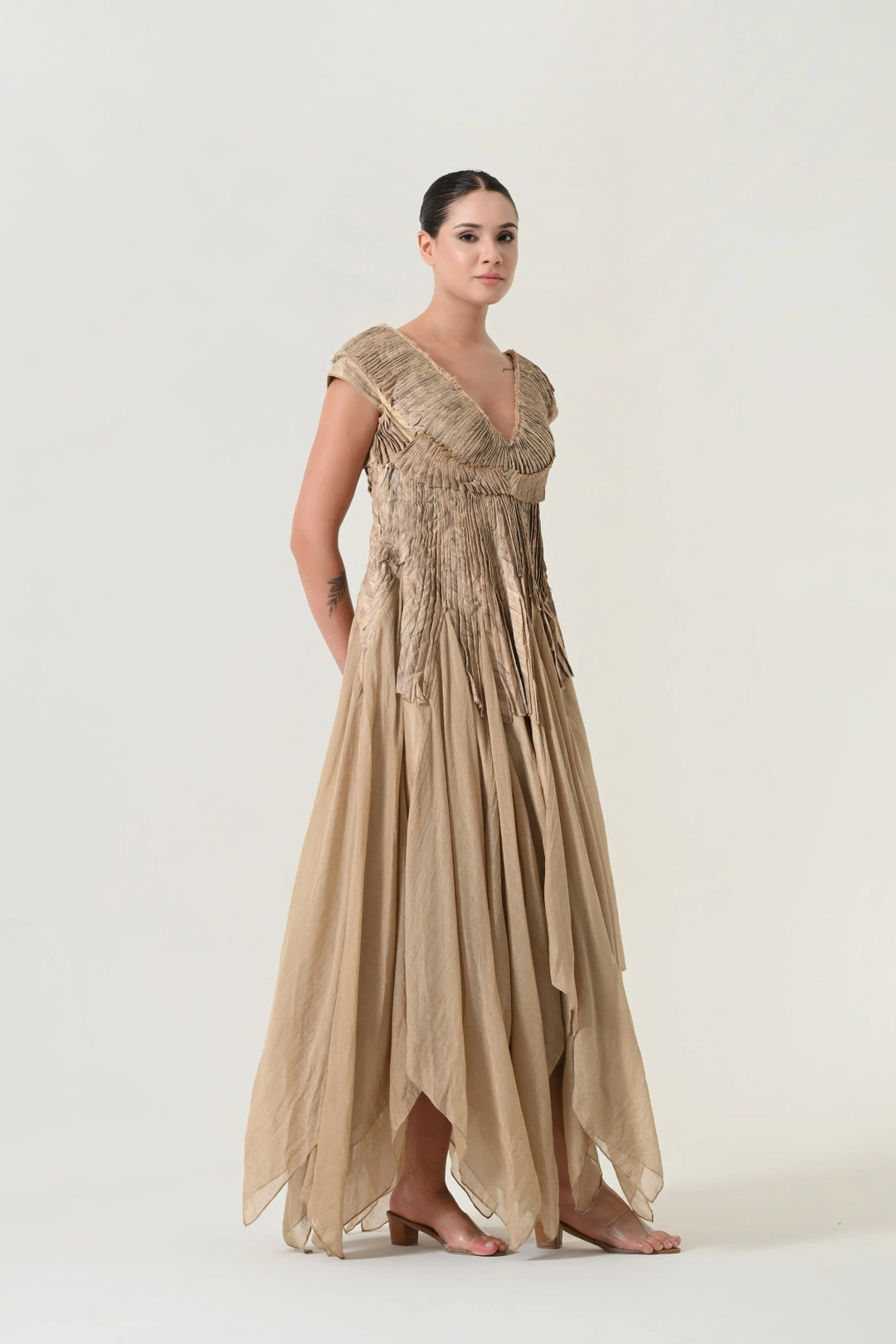 Beige Pleated Panel Dress