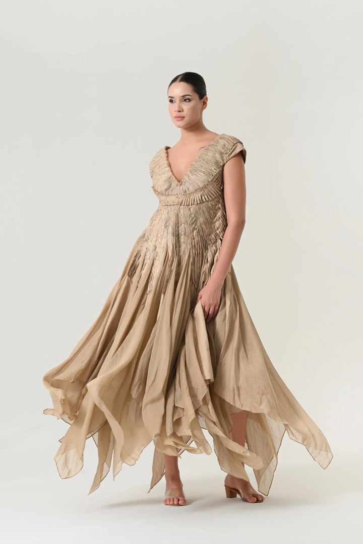 Beige Pleated Panel Dress