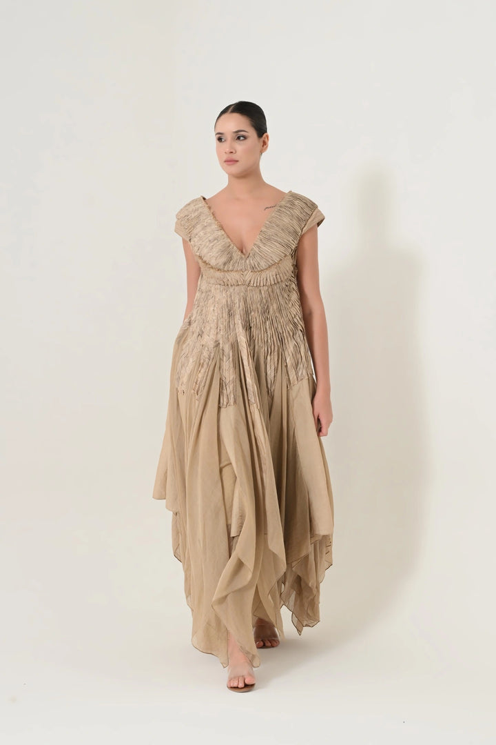 Beige Pleated Panel Dress