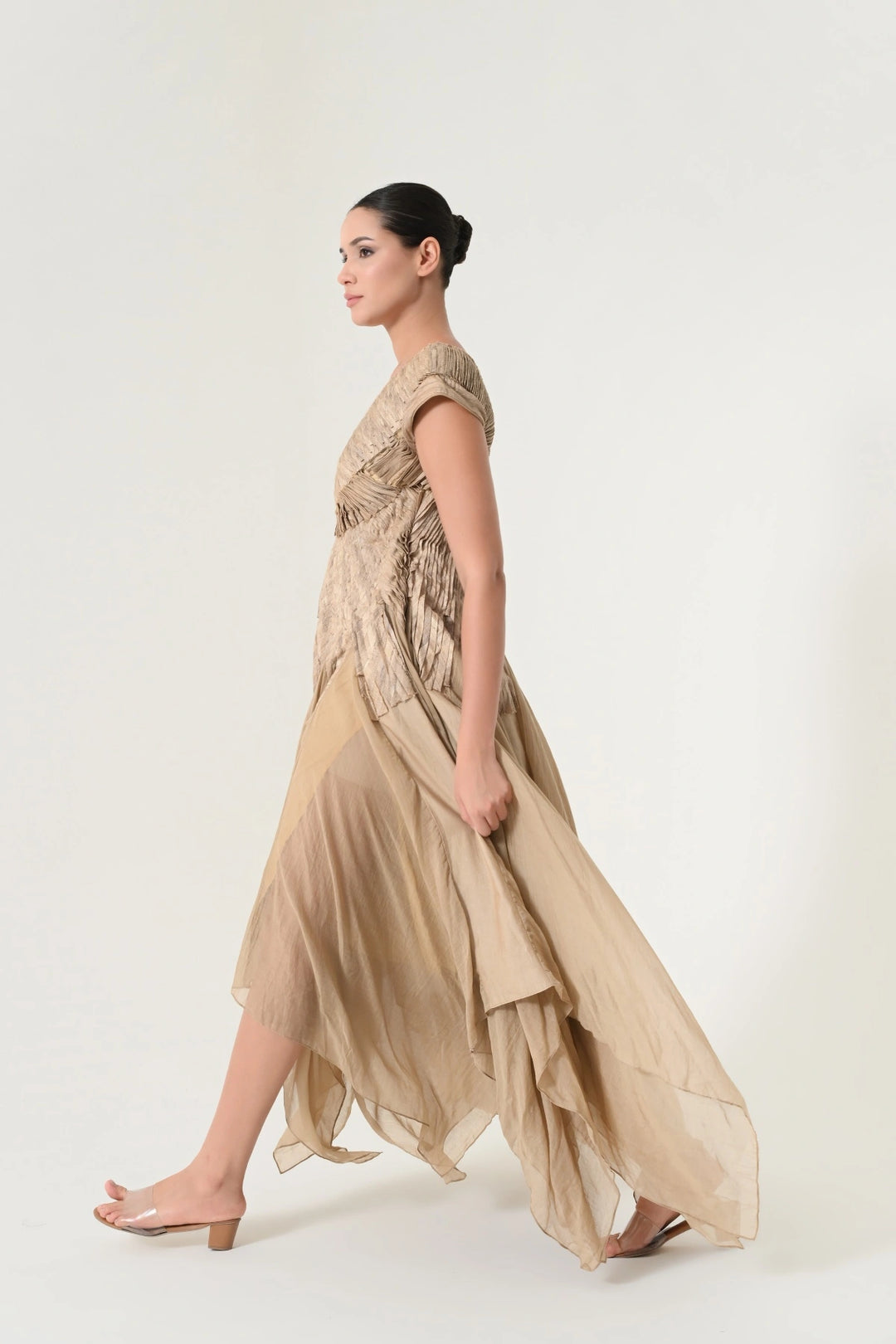 Beige Pleated Panel Dress