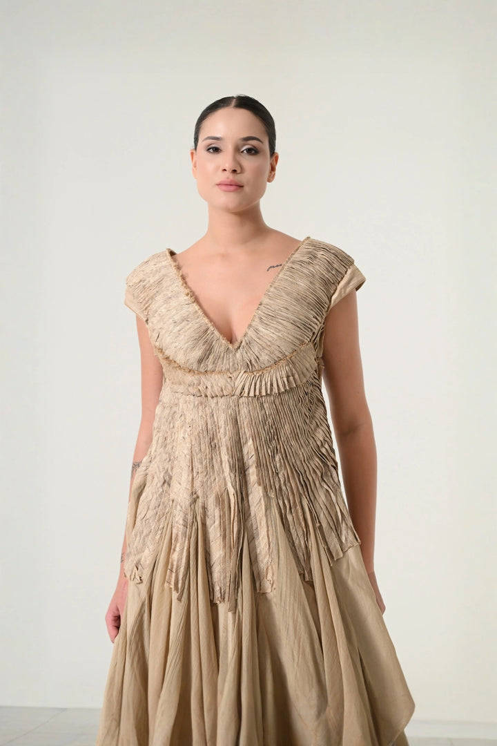 Beige Pleated Panel Dress