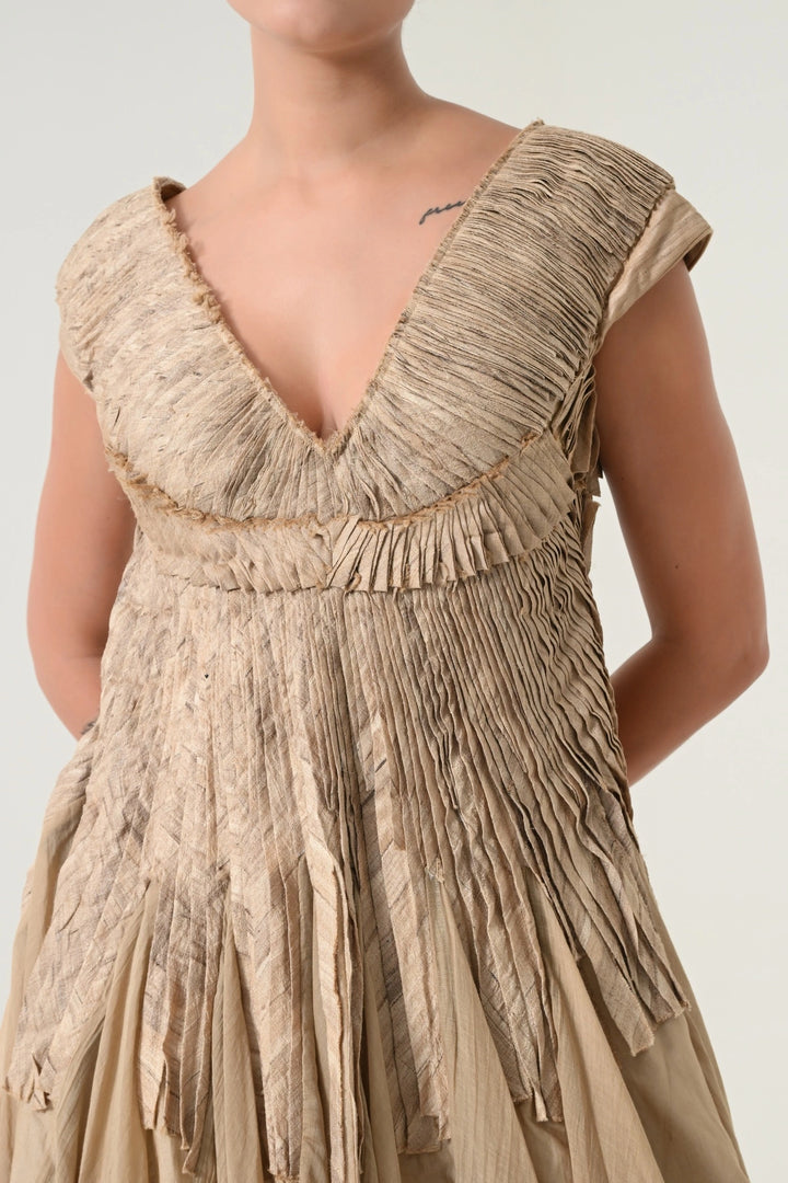 Beige Pleated Panel Dress