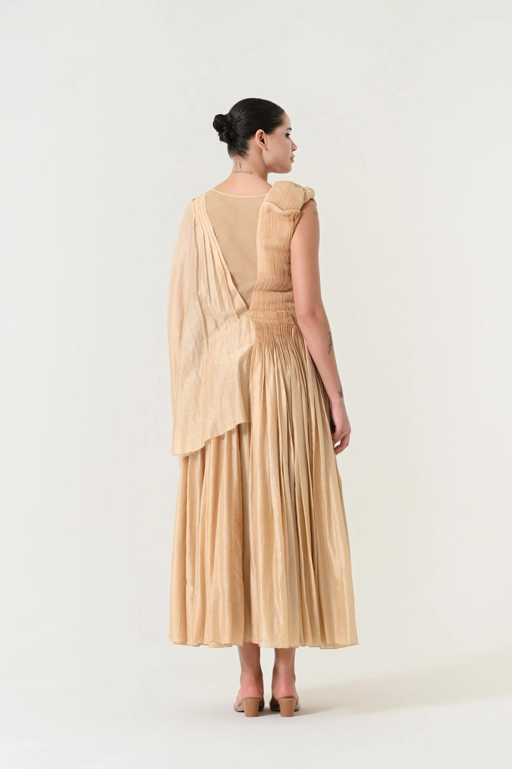 Beige Sculpted Pleat Draped Dress