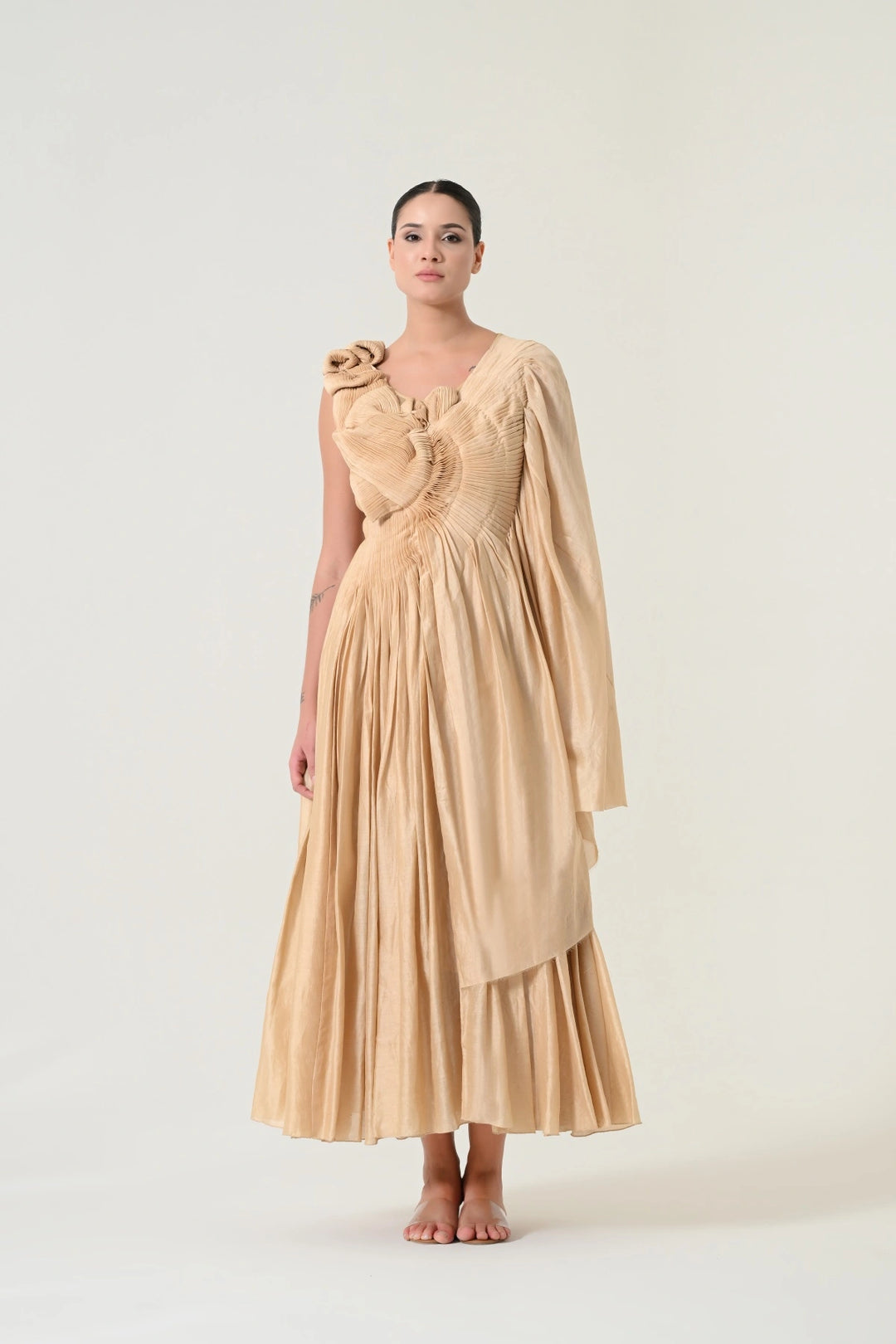 Beige Sculpted Pleat Draped Dress