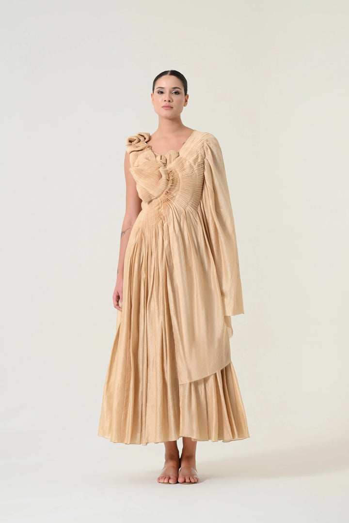 Beige Sculpted Pleat Draped Dress