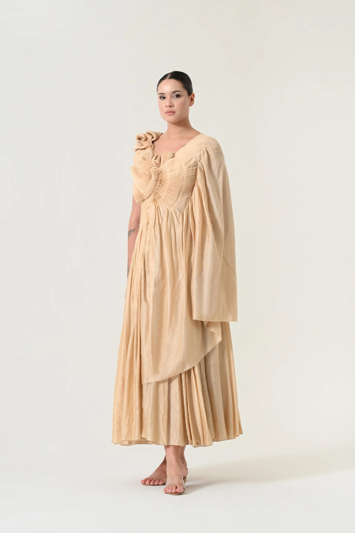 Beige Sculpted Pleat Draped Dress