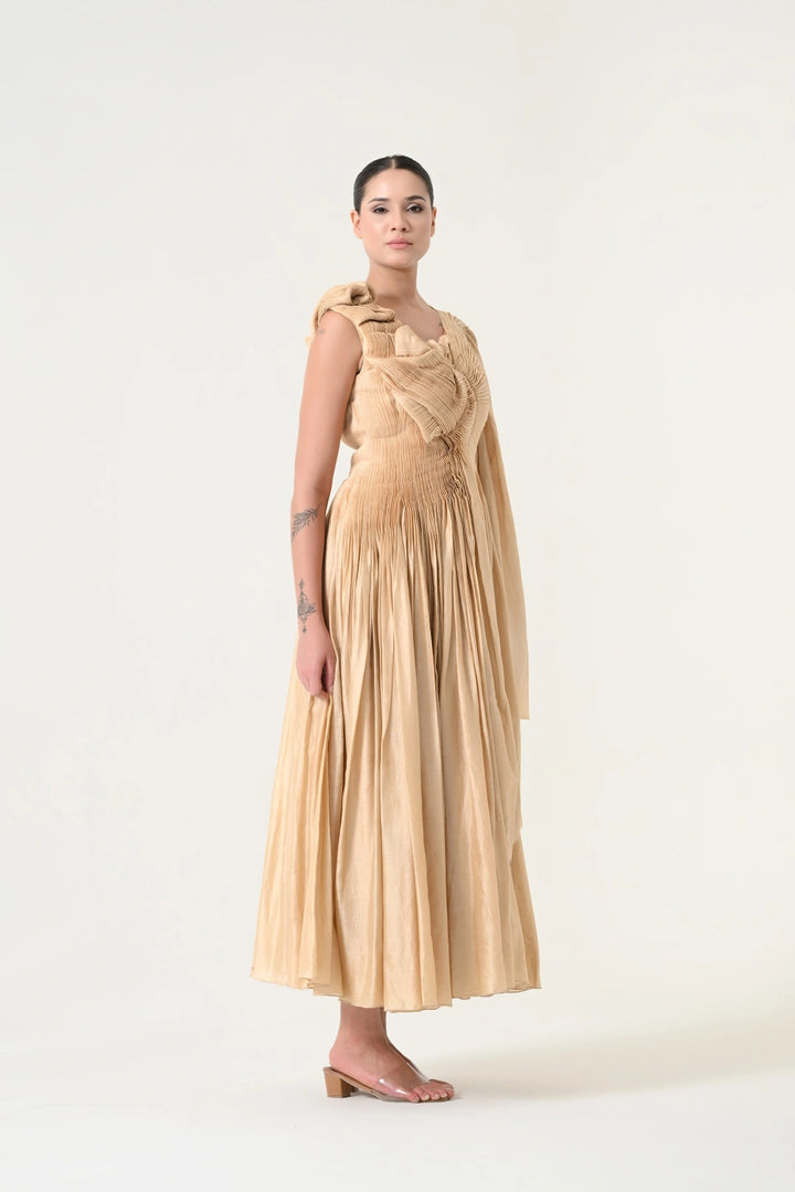 Beige Sculpted Pleat Draped Dress