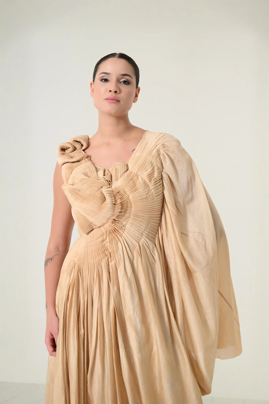 Beige Sculpted Pleat Draped Dress