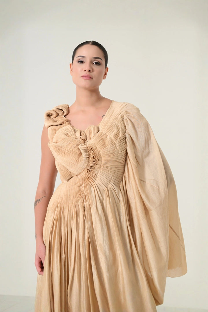 Beige Sculpted Pleat Draped Dress