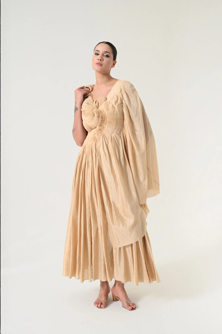 Beige Sculpted Pleat Draped Dress
