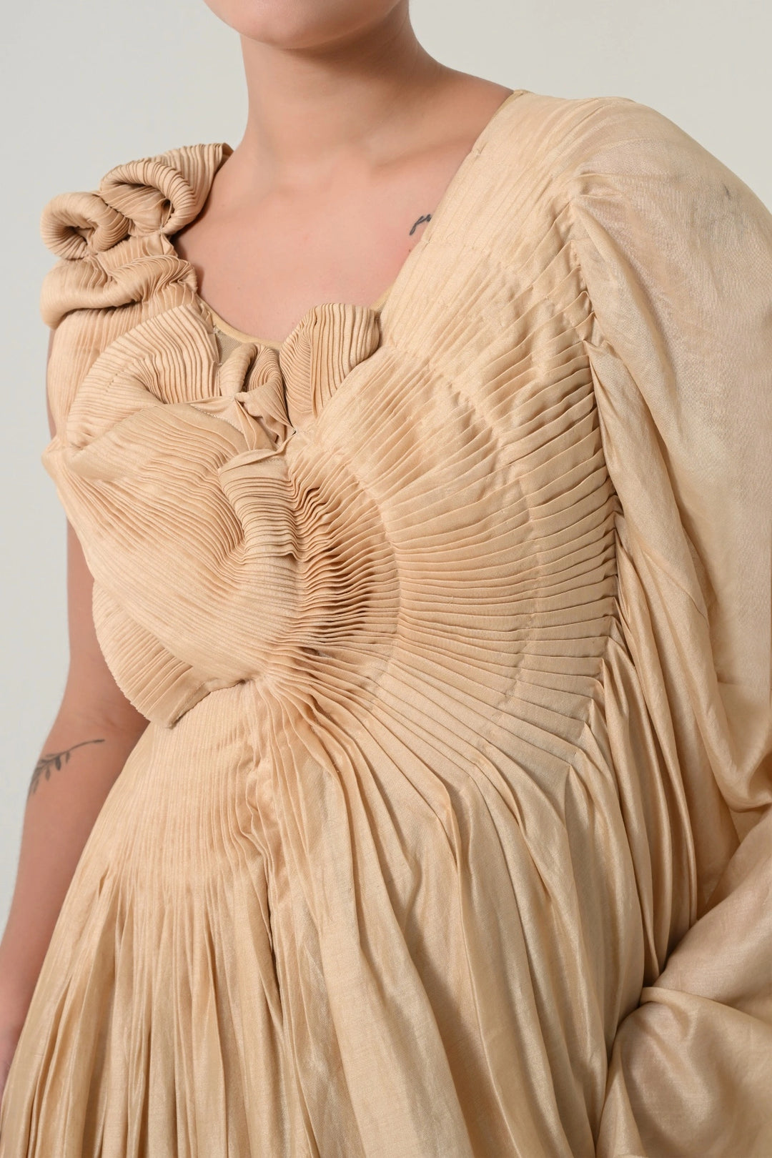 Beige Sculpted Pleat Draped Dress