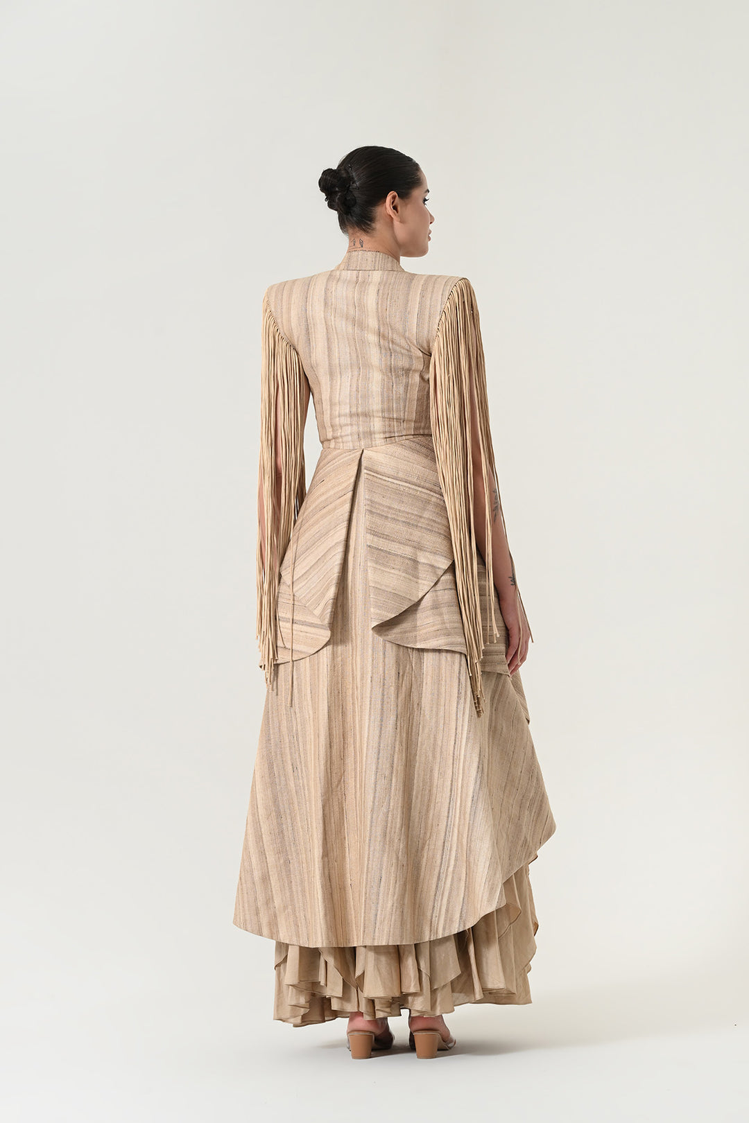 Beige Fringe Detail Layered Dress Set