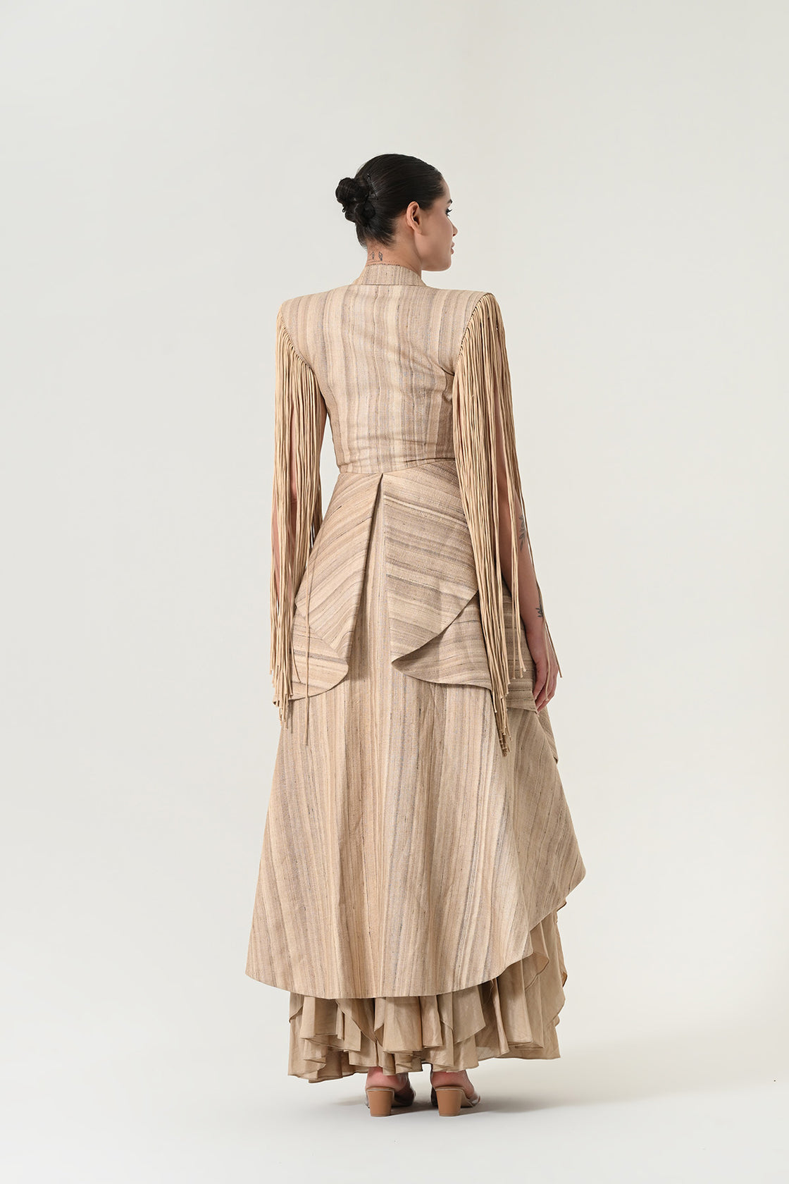 Beige Fringe Detail Layered Dress Set