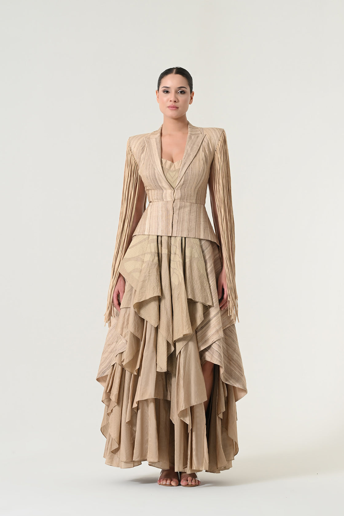 Beige Fringe Detail Layered Dress Set