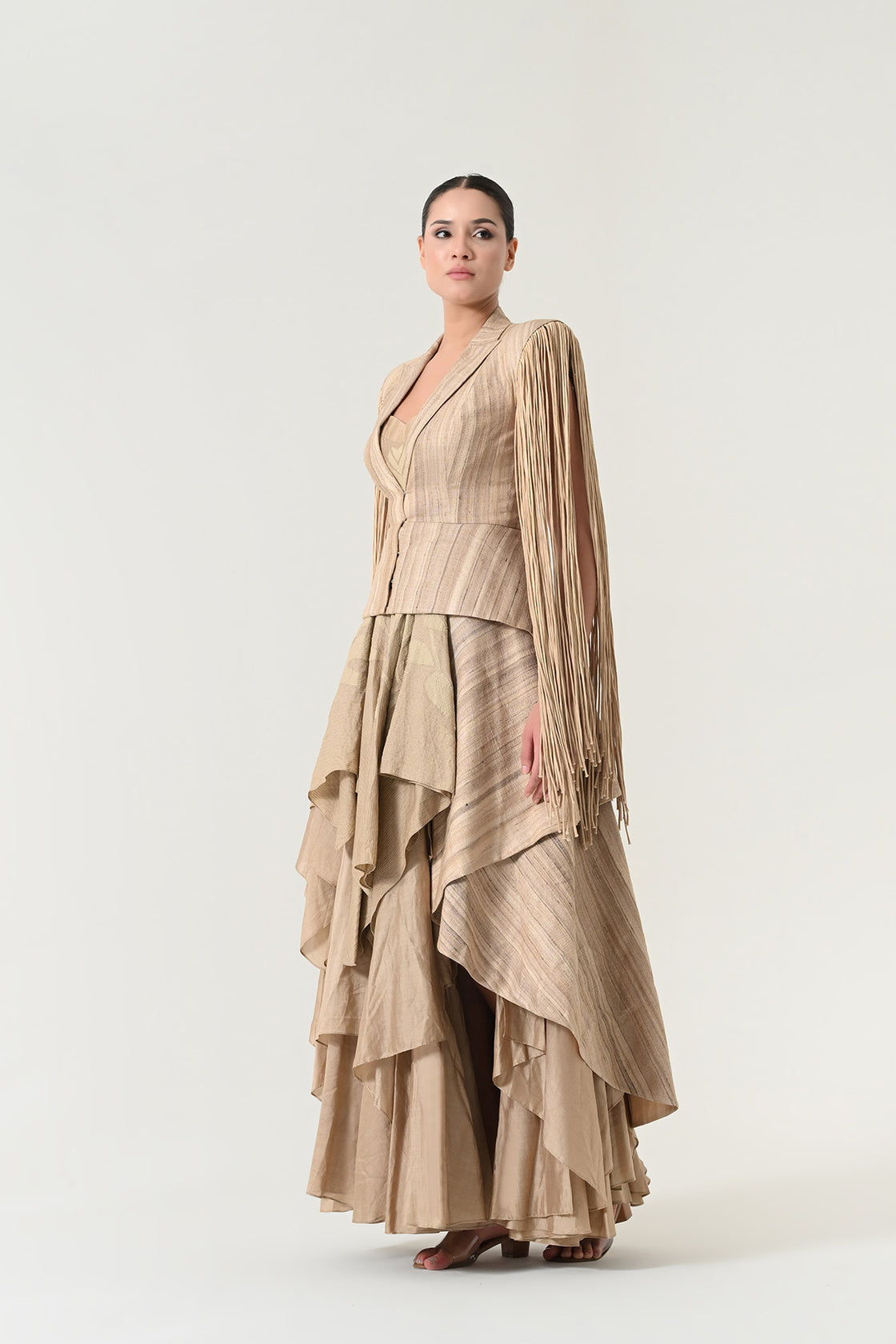 Beige Fringe Detail Layered Dress Set