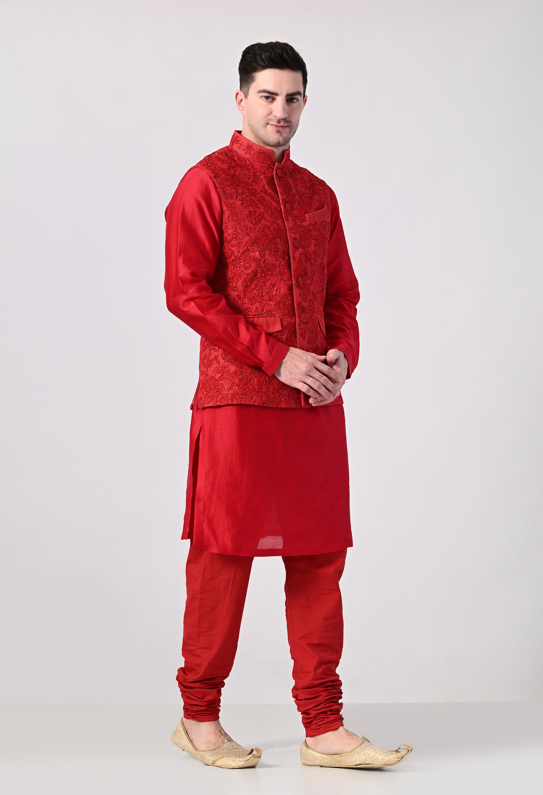 Crimson Embroidered Waistcoat Kurta Set