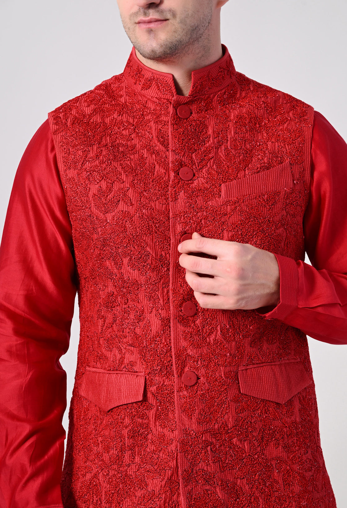 Crimson Embroidered Waistcoat Kurta Set