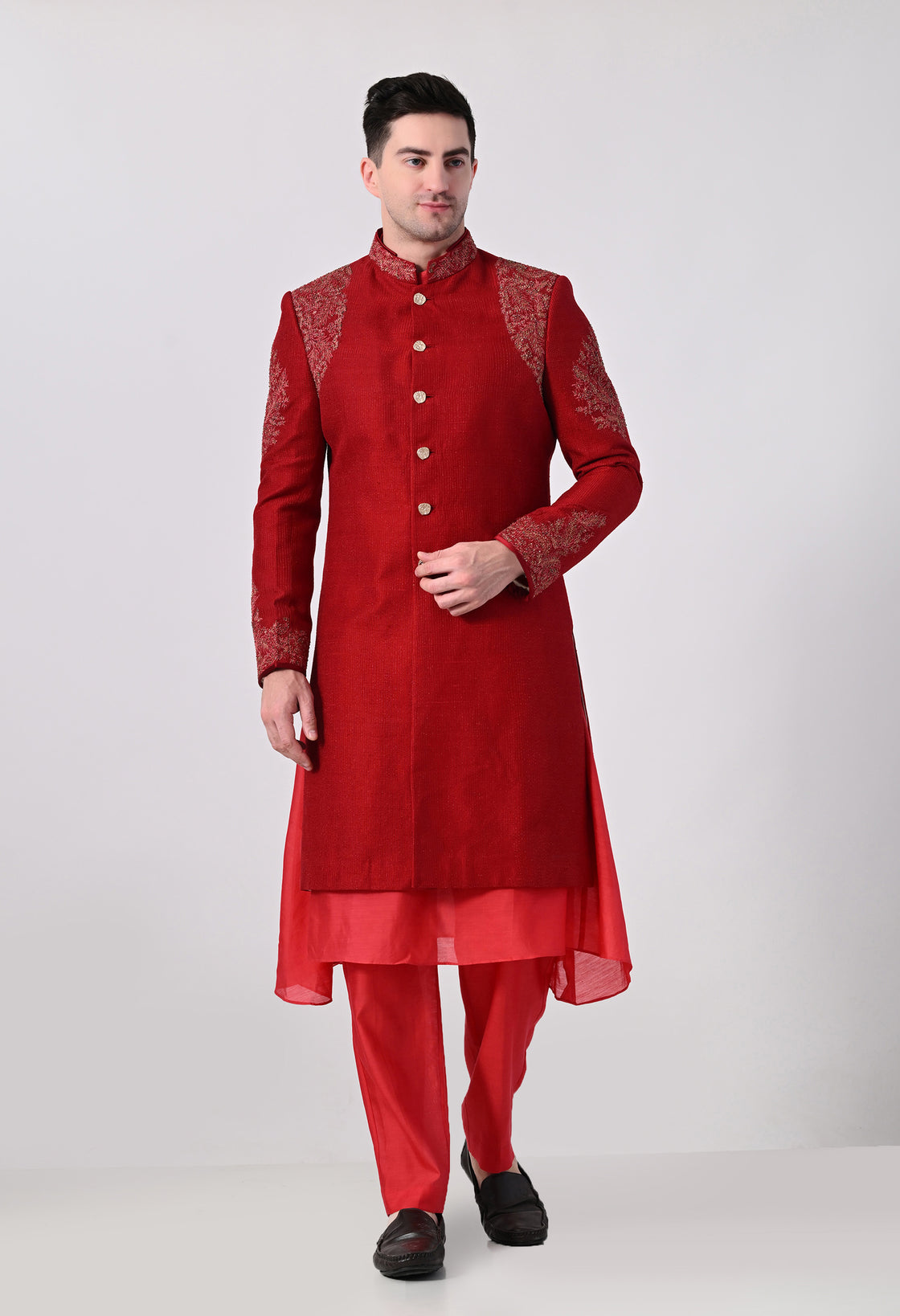 Maroon Classic Sherwani With Tonal Thread Embroidery