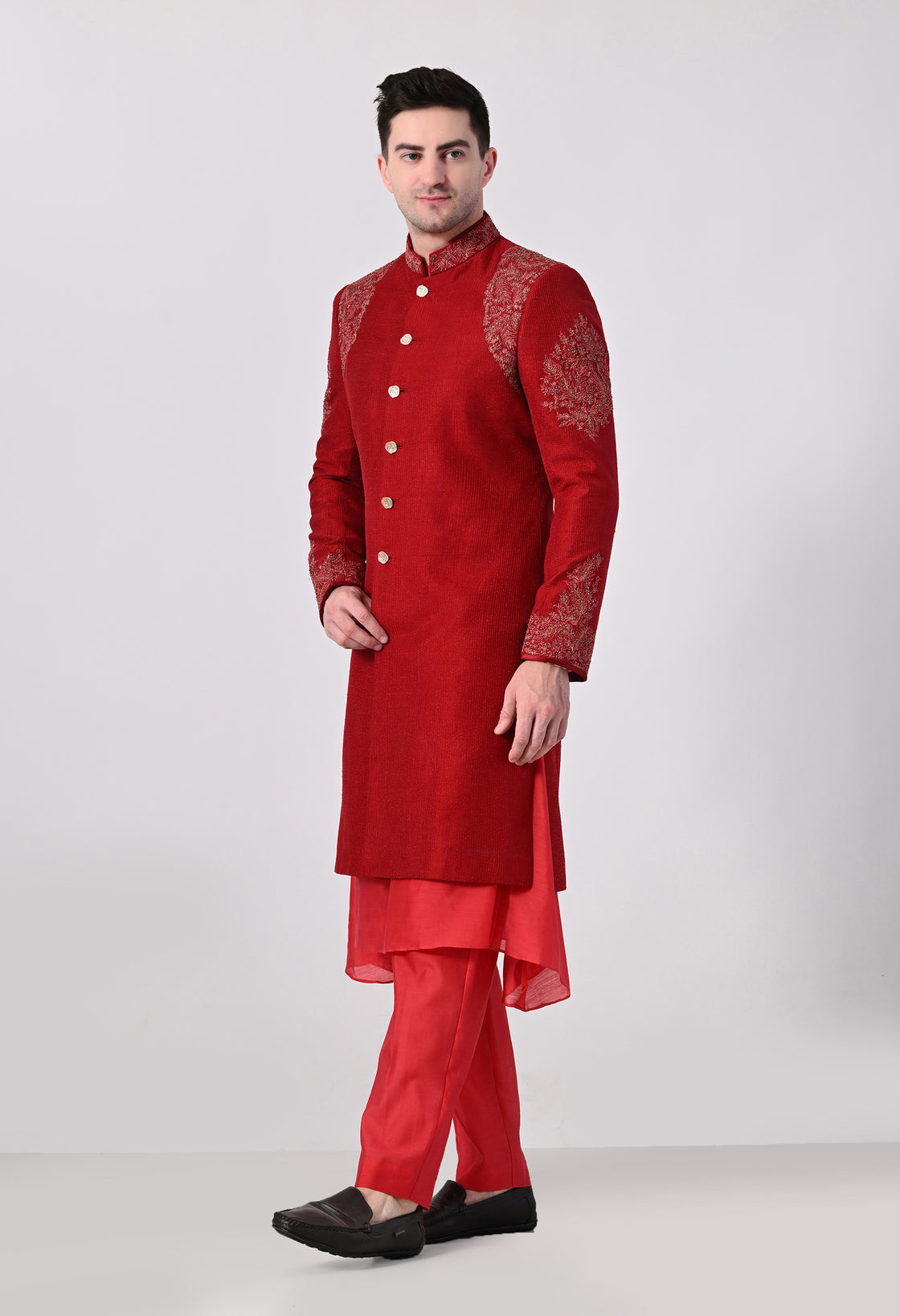Maroon Classic Sherwani With Tonal Thread Embroidery