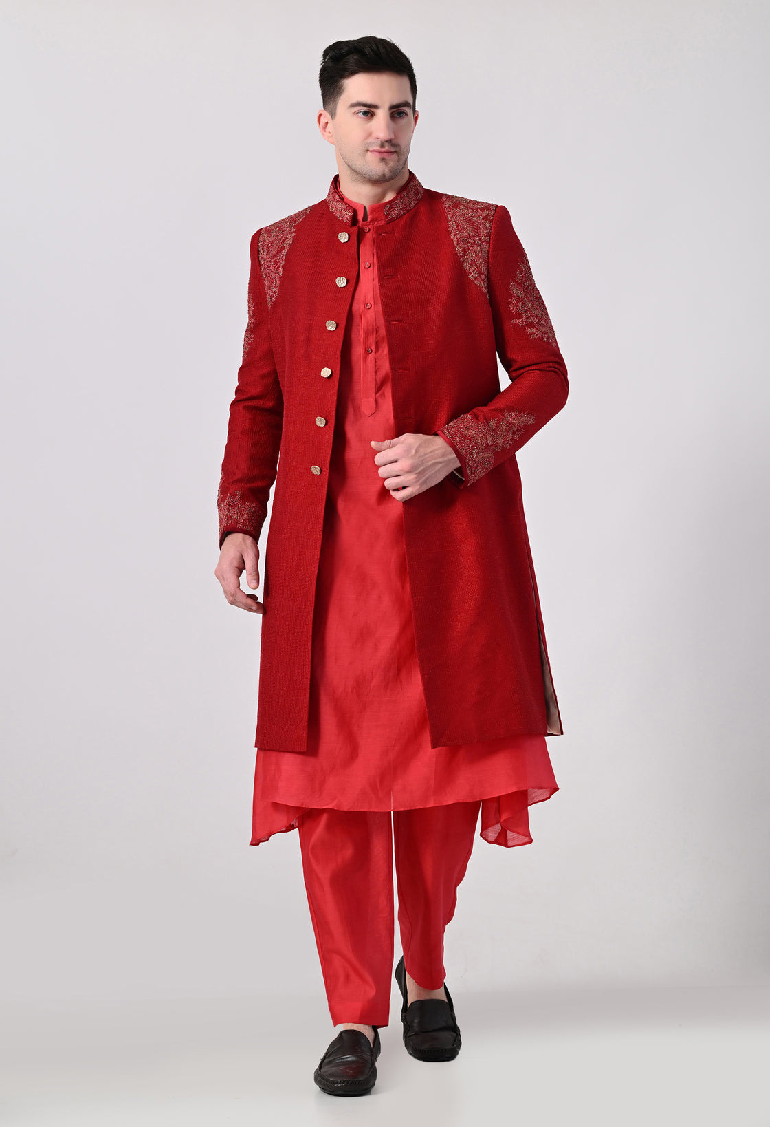 Maroon Classic Sherwani With Tonal Thread Embroidery