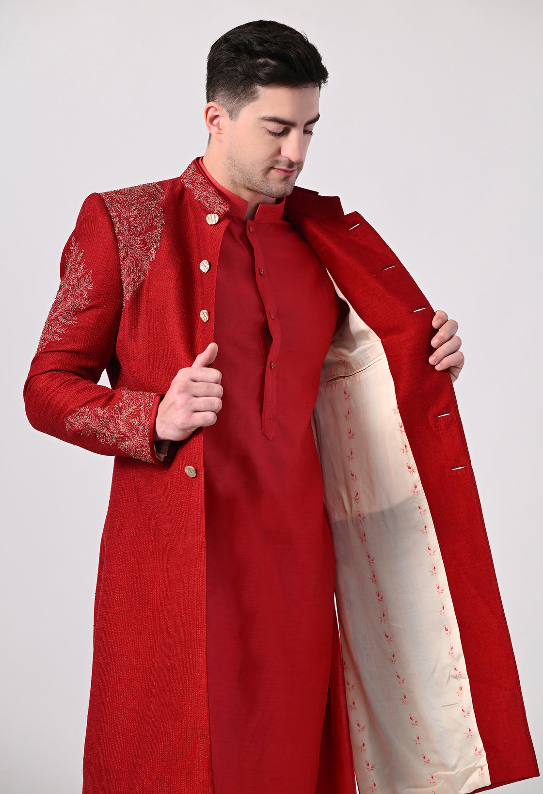 Maroon Classic Sherwani With Tonal Thread Embroidery