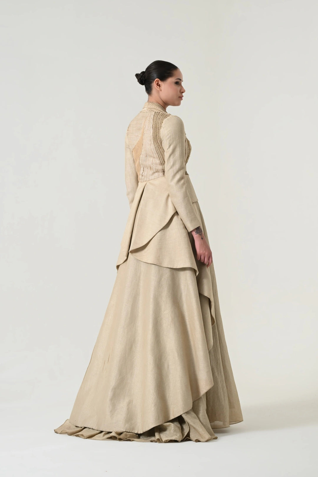 Beige Textured Tailored Peplum Gown