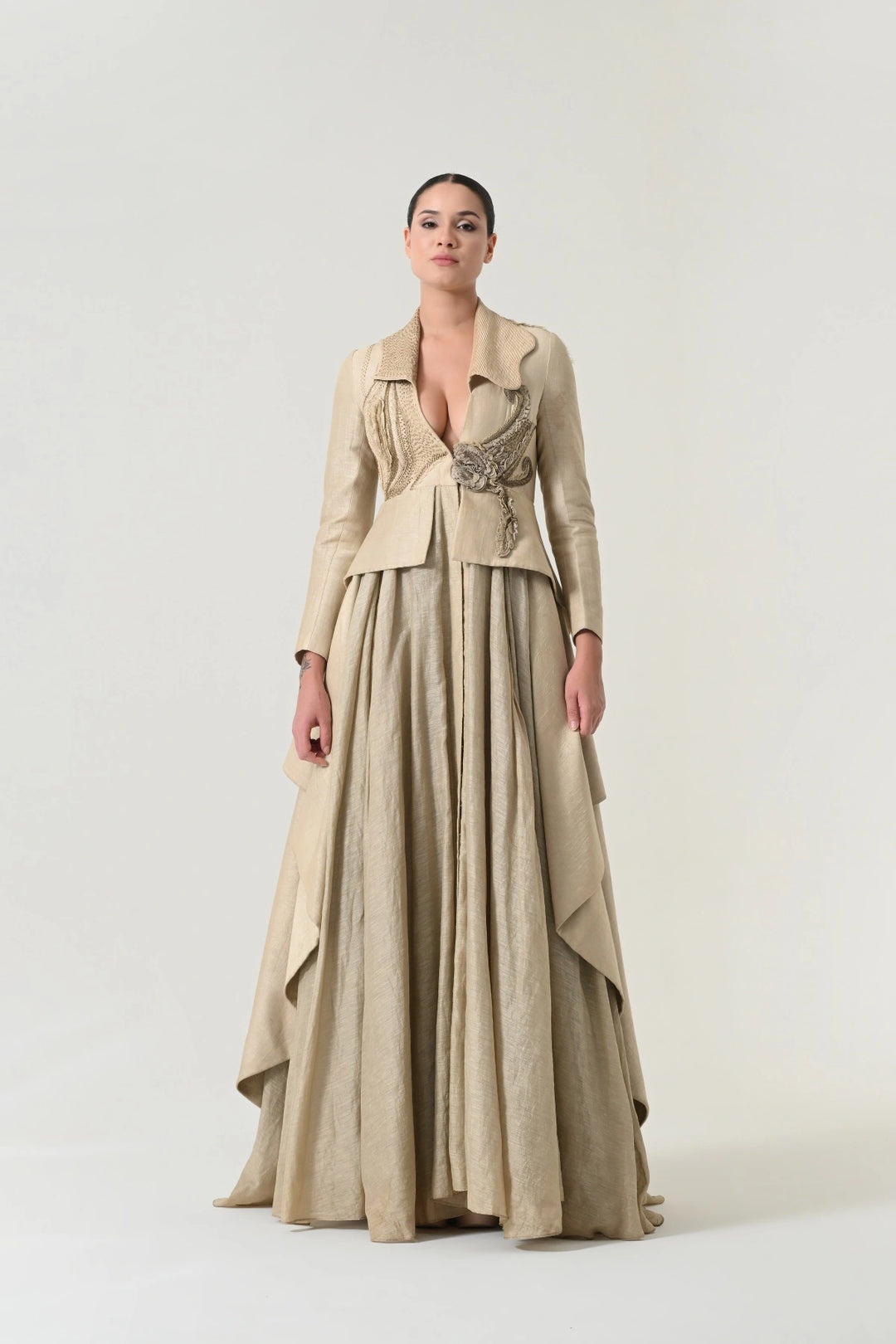 Beige Textured Tailored Peplum Gown