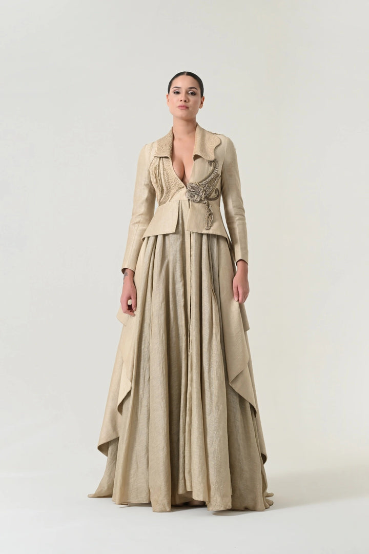 Beige Textured Tailored Peplum Gown