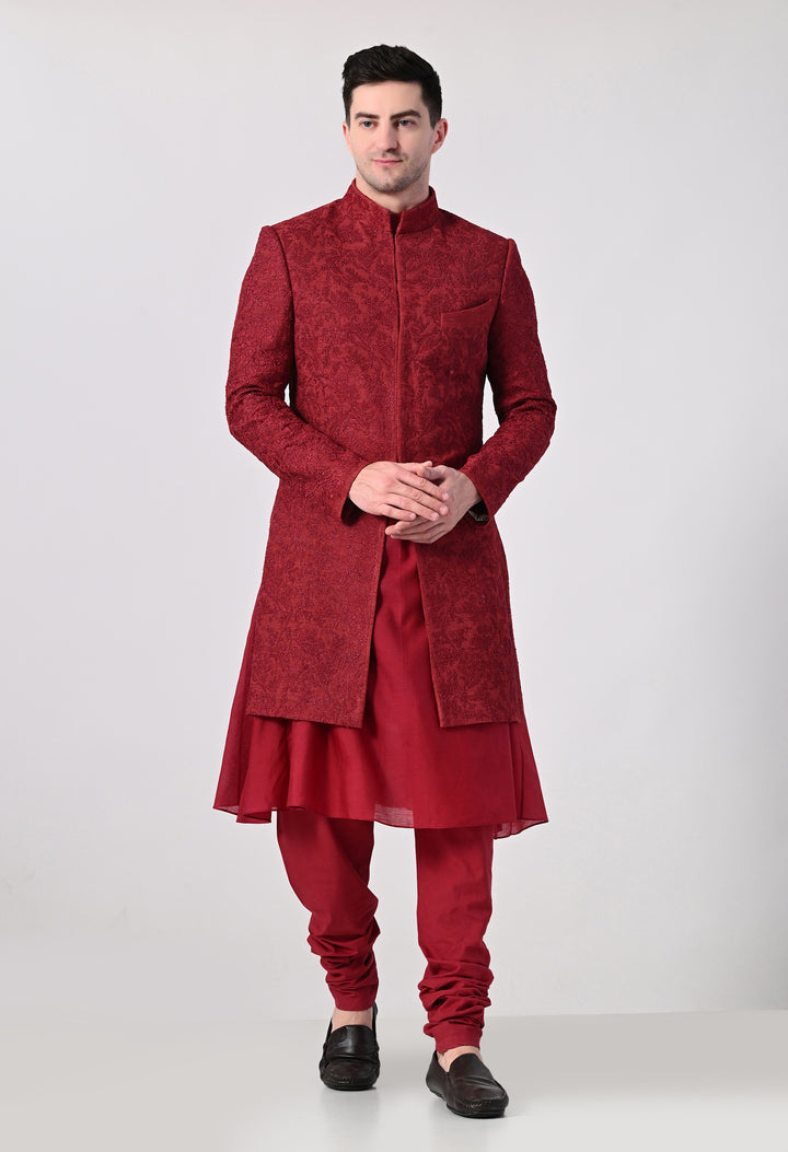 Maroon Sherwani With Tonal Embroidery