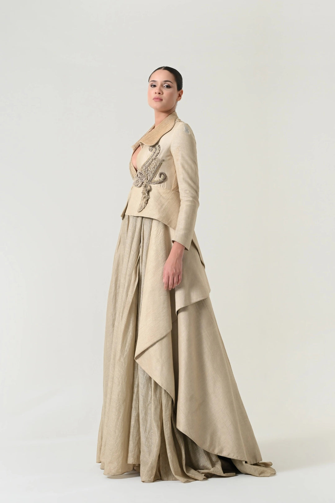 Beige Textured Tailored Peplum Gown