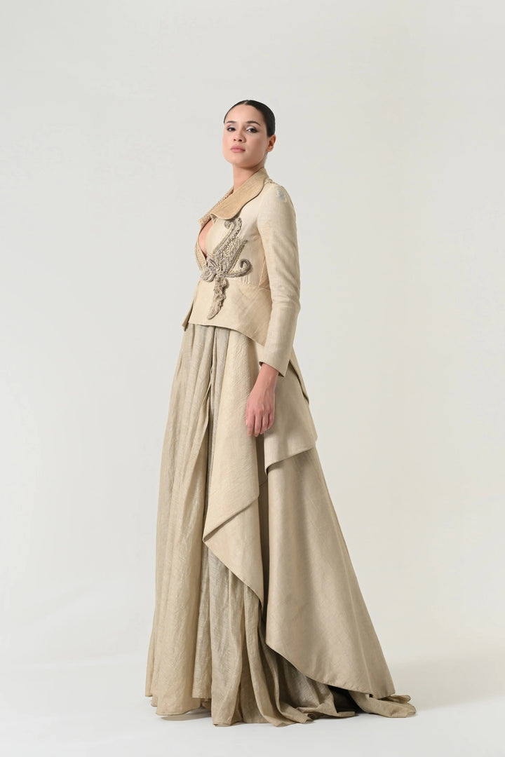 Beige Textured Tailored Peplum Gown