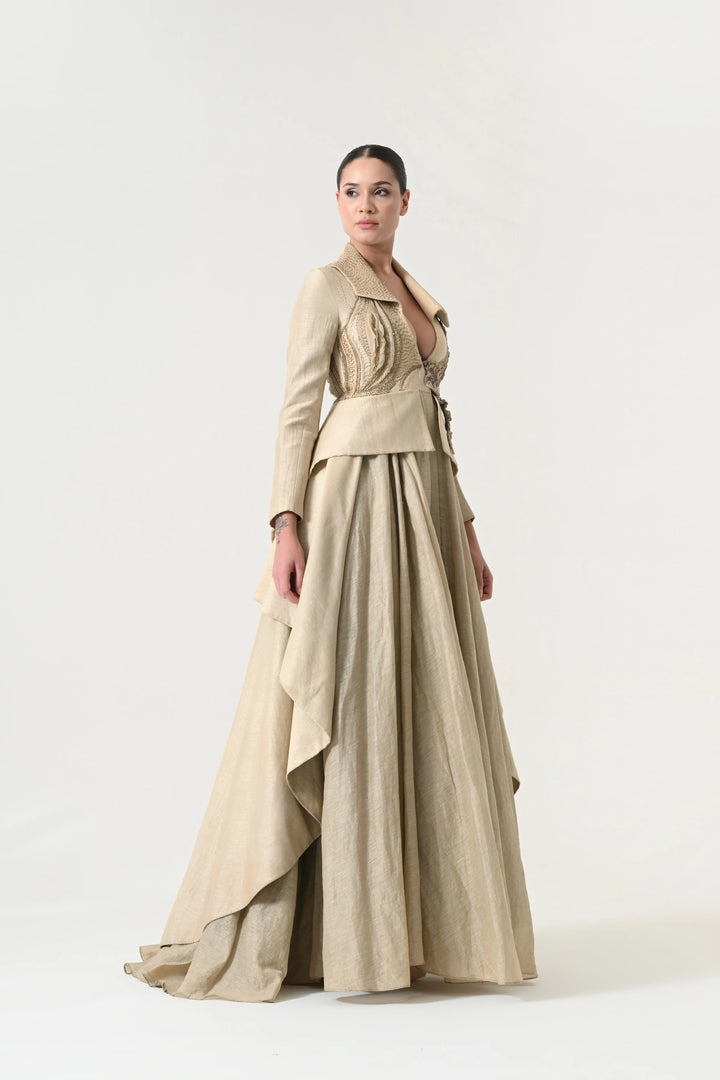 Beige Textured Tailored Peplum Gown