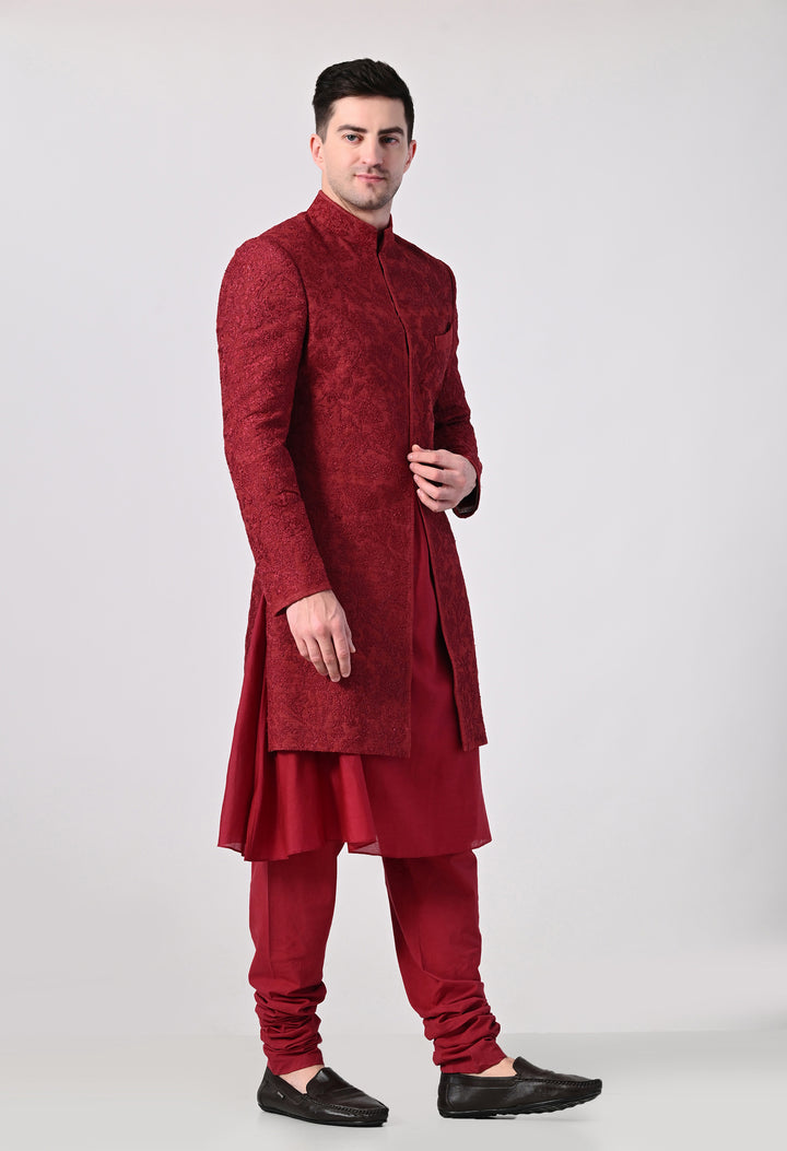 Maroon Sherwani With Tonal Embroidery