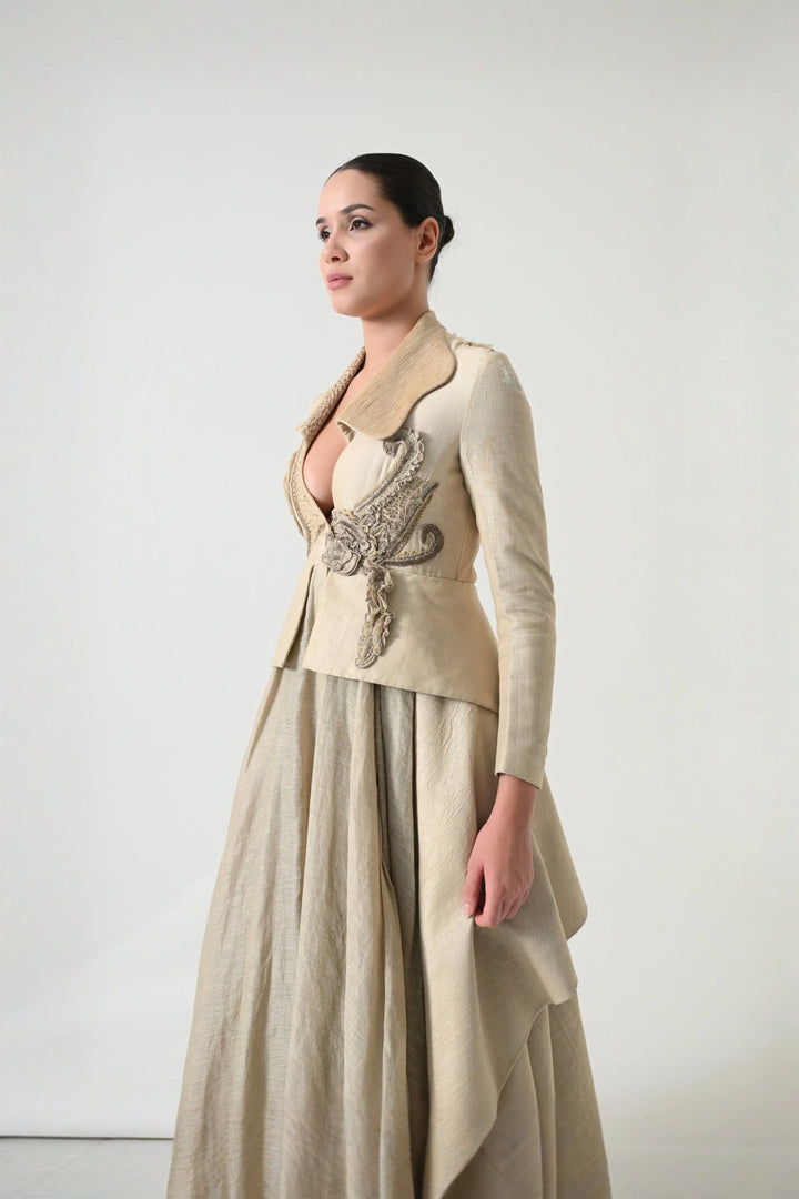 Beige Textured Tailored Peplum Gown