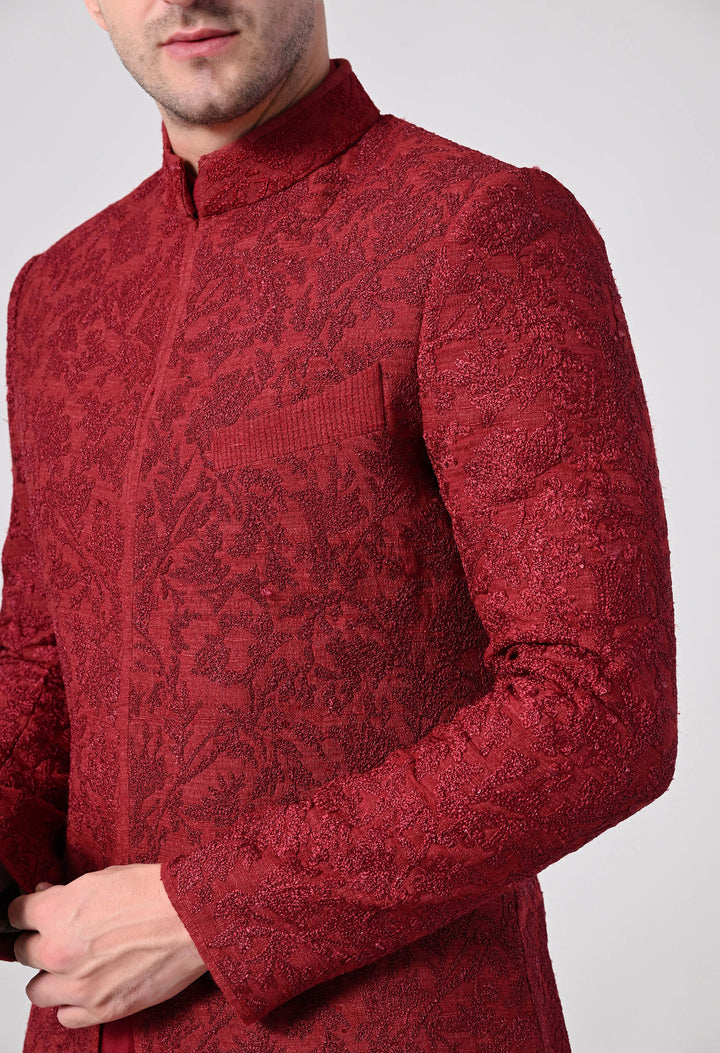 Maroon Sherwani With Tonal Embroidery