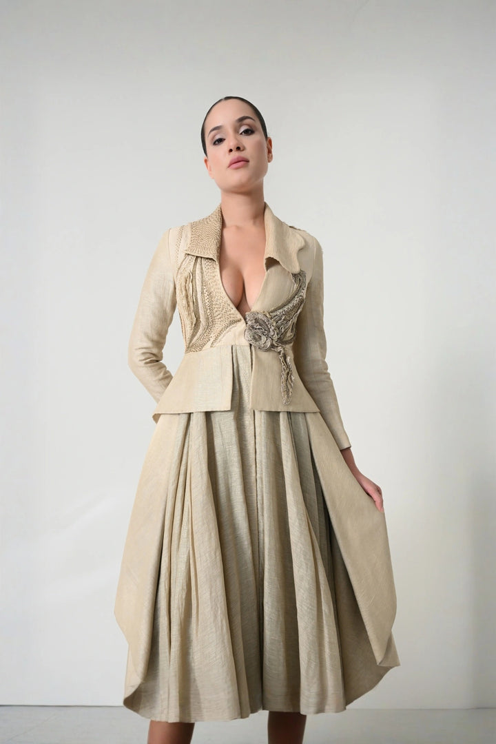 Beige Textured Tailored Peplum Gown