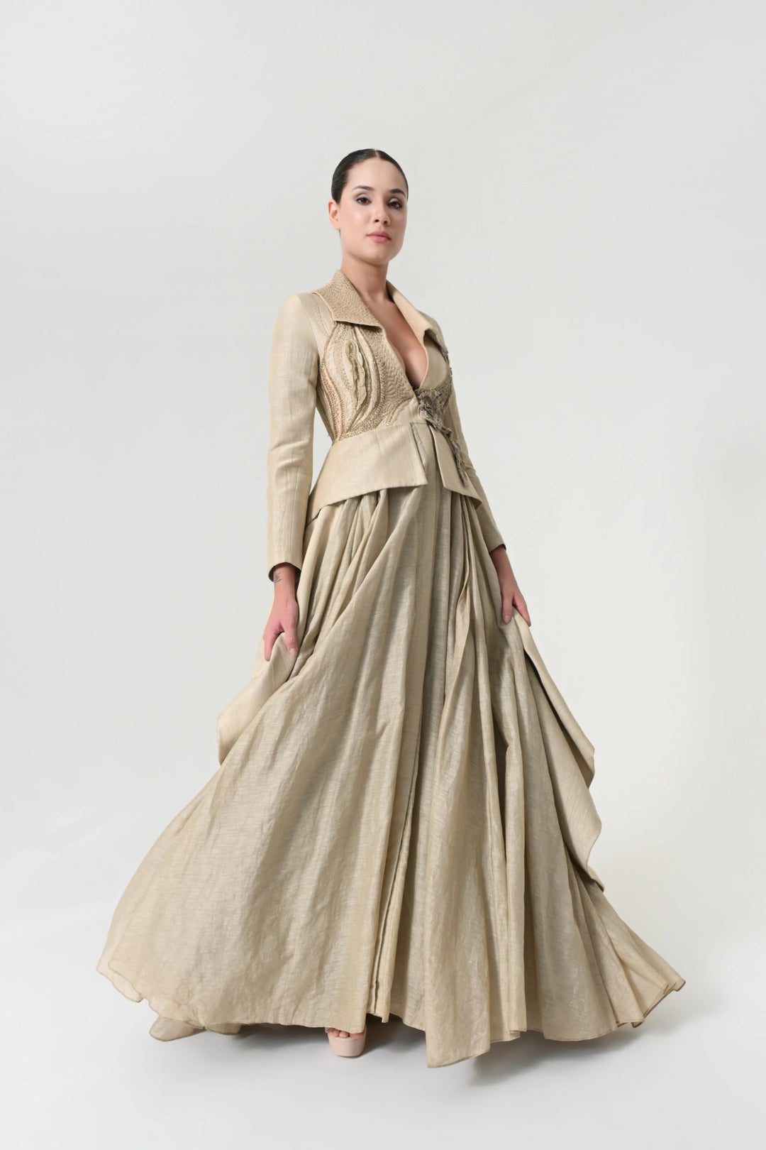 Beige Textured Tailored Peplum Gown