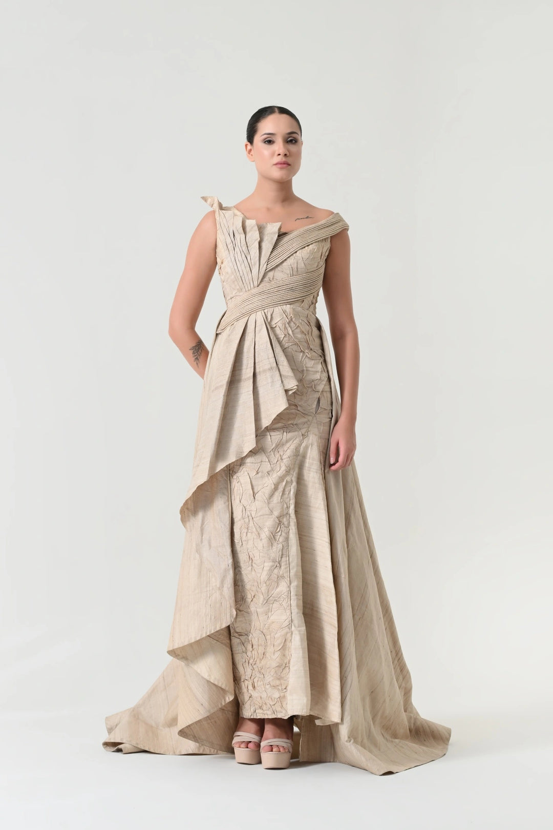 Beige Crinkled Texture Draped Dress