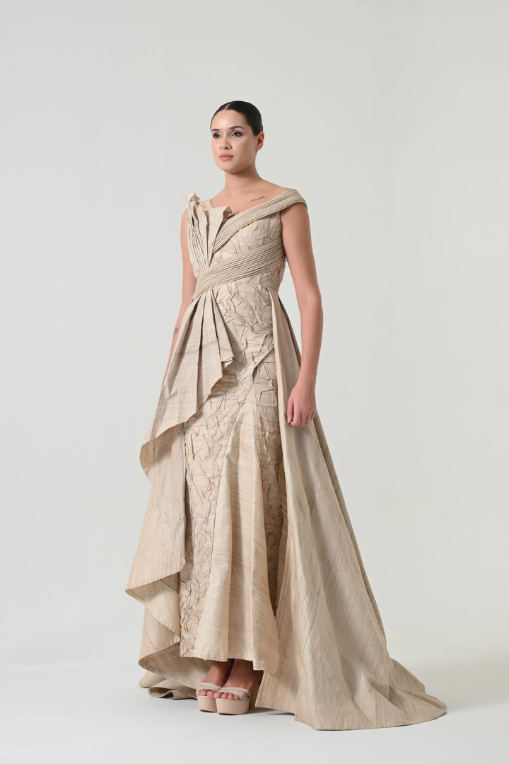 Beige Crinkled Texture Draped Dress
