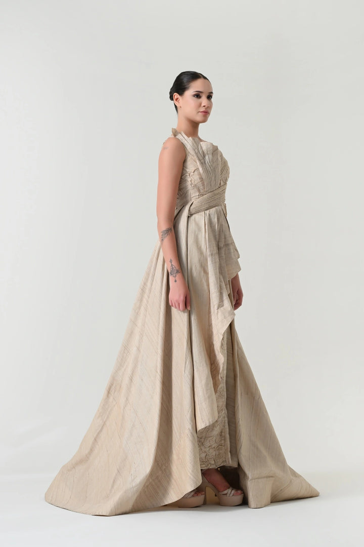 Beige Crinkled Texture Draped Dress