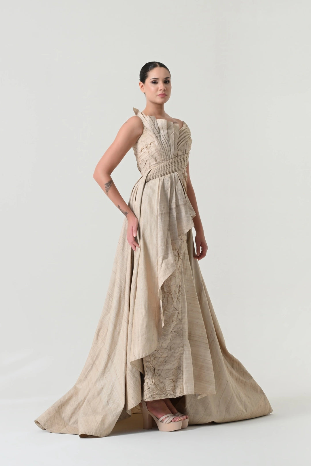 Beige Crinkled Texture Draped Dress