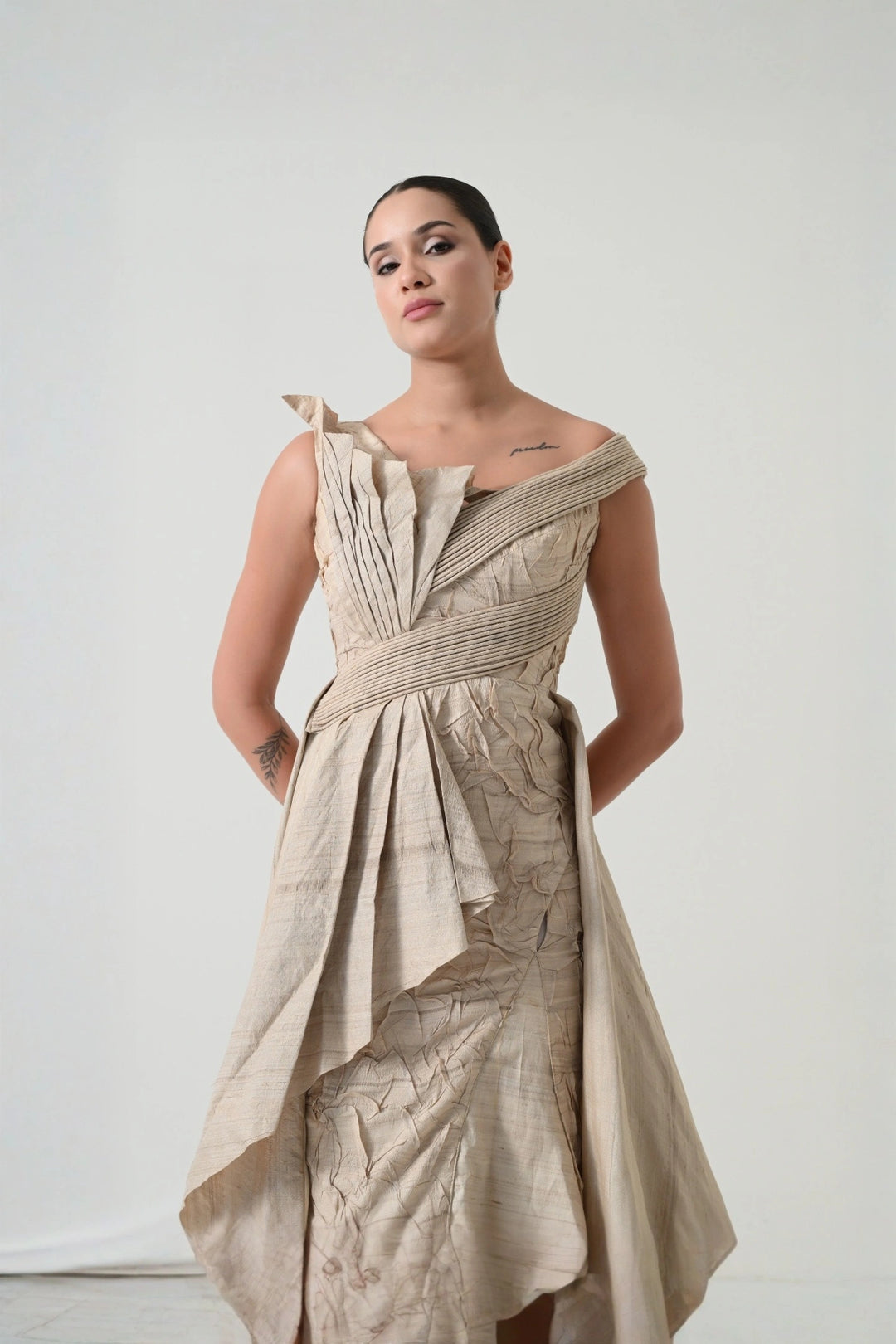 Beige Crinkled Texture Draped Dress