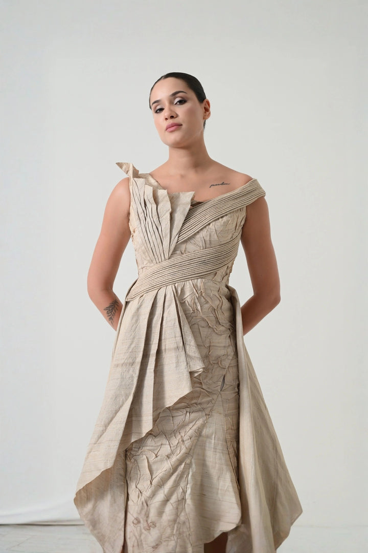 Beige Crinkled Texture Draped Dress